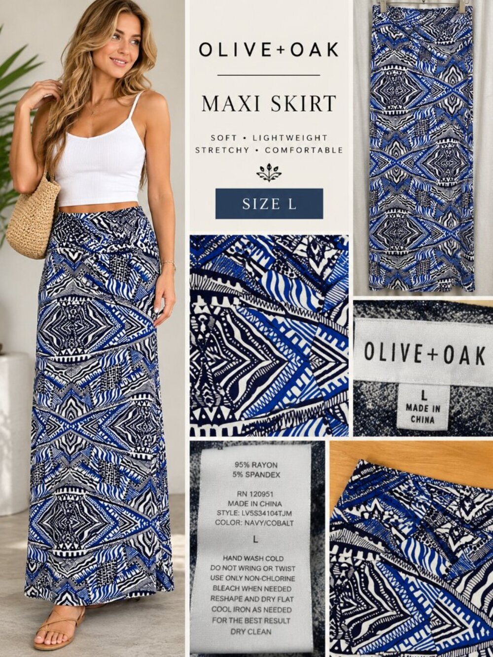 Olive + Oak Size Large Navy Cobalt Geometric Print Stretch Maxi Skirt NWT